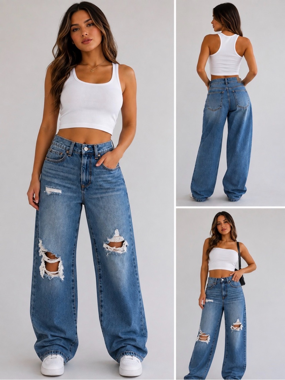 RSQ Medium Blue High-Rise Wide Leg Distressed Jeans